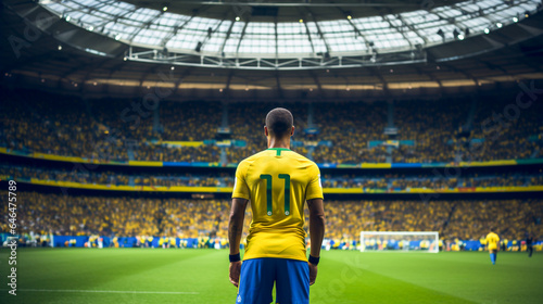 A Brazilian soccer player seen from behind enters the field in the large stadium © Giordano Aita