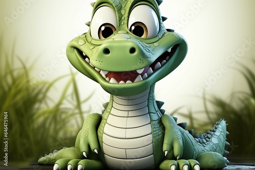 Whimsical cartoon alligator  seated with a beaming  happy expression