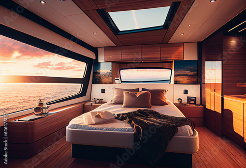 Sleeping cabin on a luxury yacht or cruise ship. AI generated.