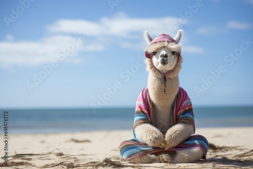 Alpaca on a beach hat, practicing yoga and relaxing © zakiroff