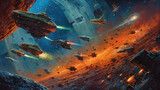 Space ships battle over alien planet in 80s books style. Retro science fiction illustration.