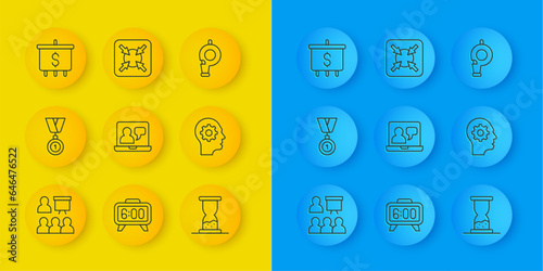 Set line Training, presentation, Medal, Online education, Old hourglass with sand, Human head gear inside, Target dollar, Whistle and icon. Vector