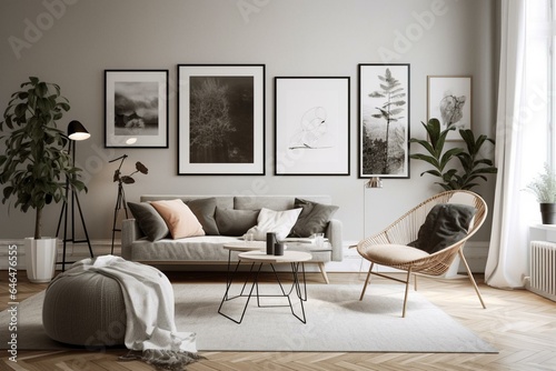 Livingroom with four-framed poster composition on wall in Scandinavian style. Rendered in 3D. Generative AI