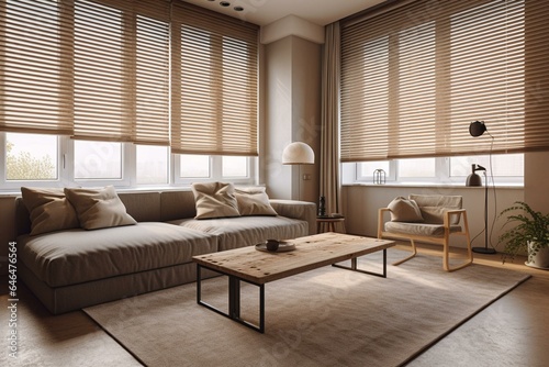 Modern  beige interior room with earth tone furniture  fabric sofa  blinds  and windows. Generative AI