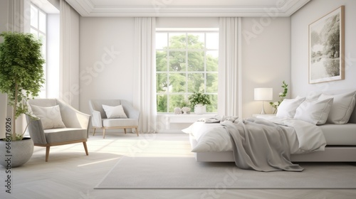 Interior of white modern classic bedroom in luxury cottage or hotel. Large comfortable bed, poster on the wall, armchairs, plant in a pot, large windows with garden view. Mockup, 3D rendering. © Georgii