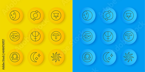 Set line Libra zodiac, Pisces, Neptune planet, Sun, Aries, Eclipse of the sun, Earth element and Solar system icon. Vector