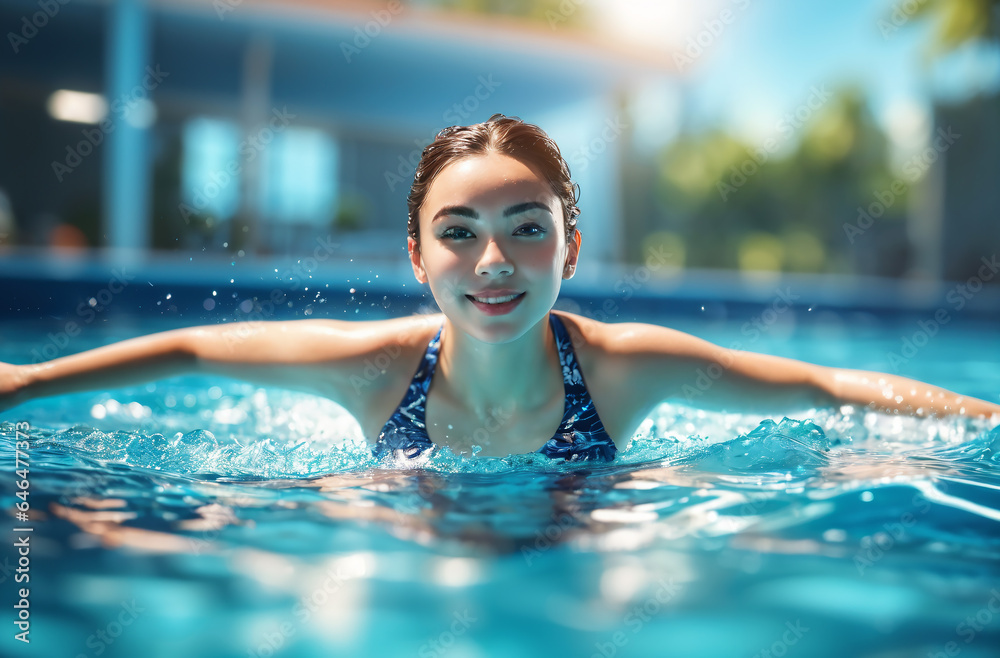 Young woman swimming in a blue swimsuit Happy in the swimming pool