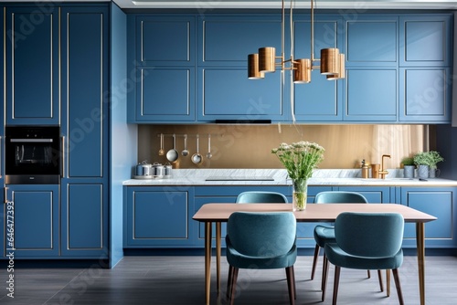 Contemporary blue kitchen with furniture and white wall. Generative AI