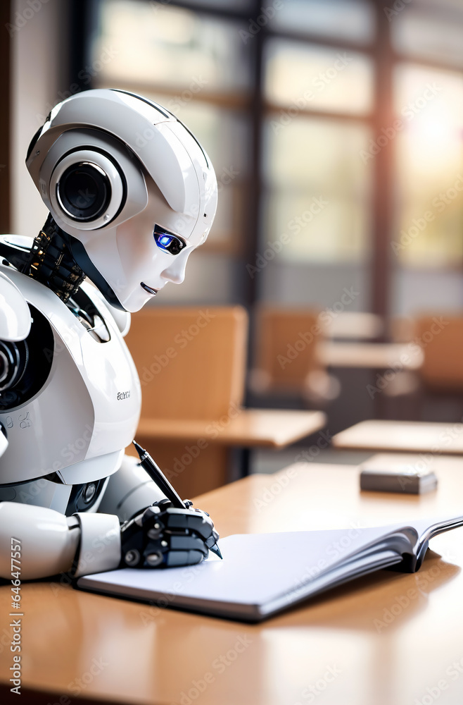 Artificial intelligence AI android robot writing notebook in classroom, background and bokeh