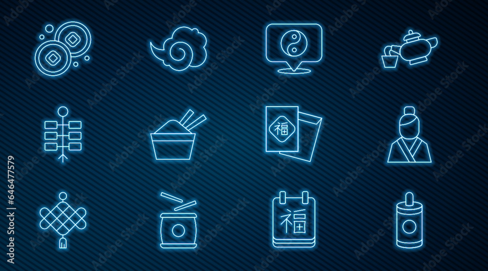Set line Firework, Asian woman, Yin Yang symbol, ice bowl with chopstick, Chinese Yuan currency, New Year and Magic fog smoke icon. Vector