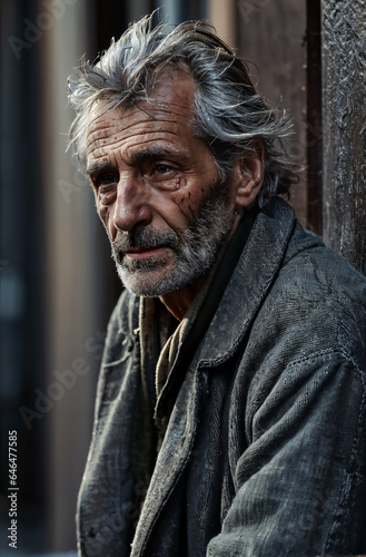 old men homeless man sits waiting for hope on the sidewalk of a corner building in the soft light.