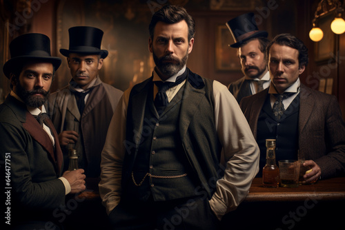 19th century, men in a bar or pub. AI generated. © serperm73