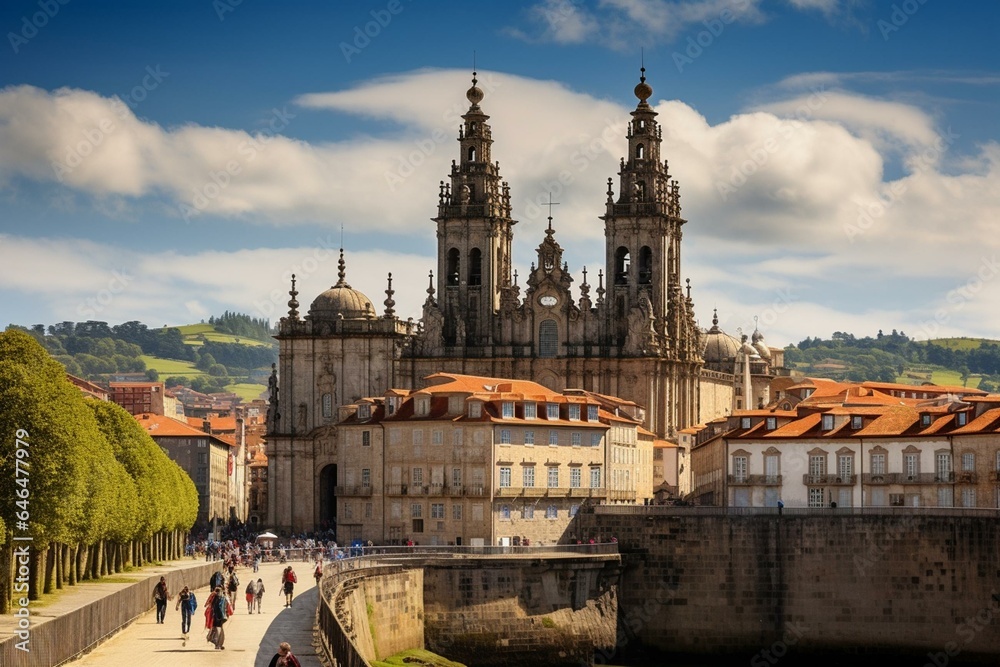 Iconic cathedral in Santiago de Compostela, region of Galicia, Spain. Generative AI