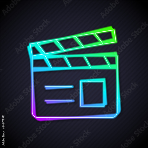 Glowing neon line Movie clapper icon isolated on black background. Film clapper board. Clapperboard sign. Cinema production or media industry. Vector