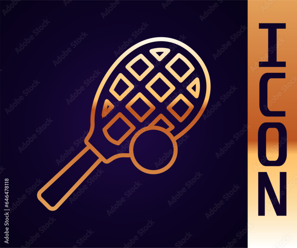 Gold line Tennis racket with ball icon isolated on black background. Sport equipment. Vector Gold line Tennis racket with ball icon isolated on black background. Sport equipment. Vector