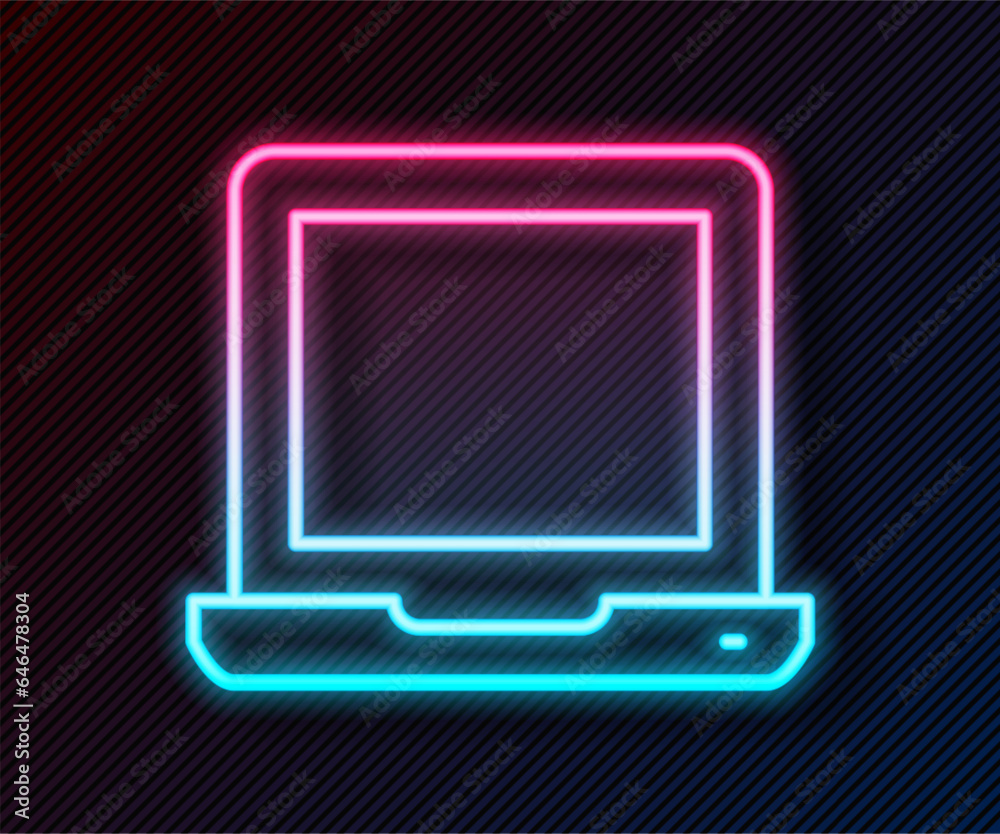 Glowing neon line Laptop icon isolated on black background. Computer notebook with empty screen sign. Vector