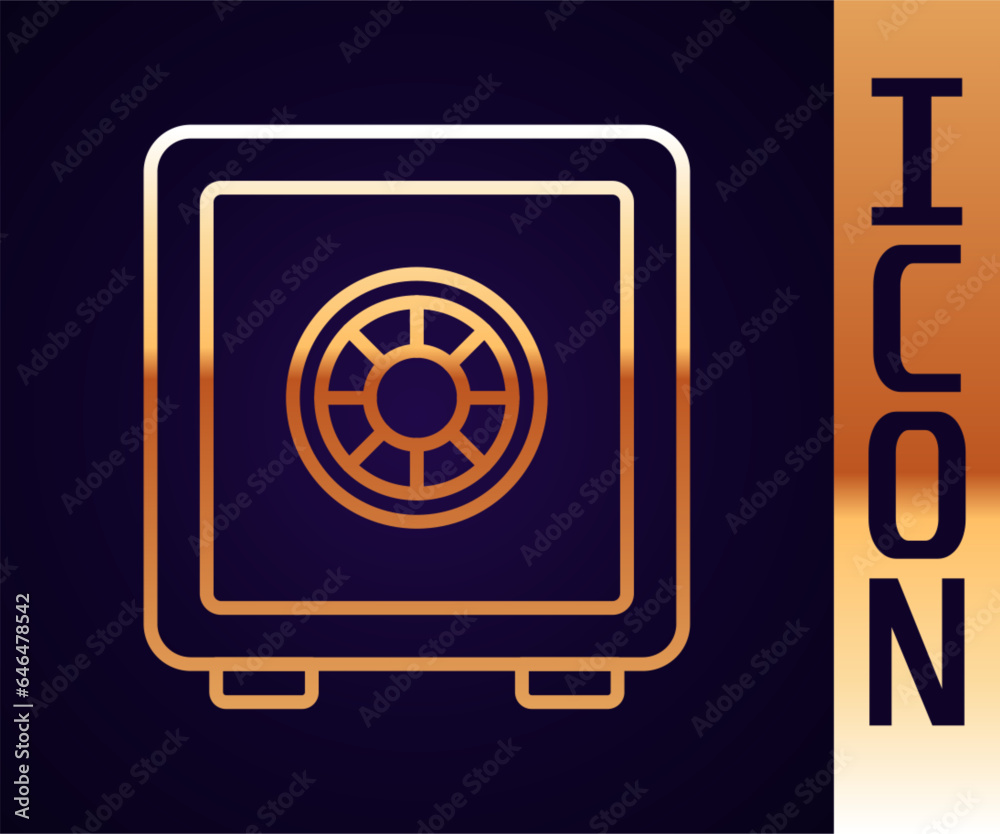 Gold line Safe icon isolated on black background. The door safe a bank vault with a combination lock. Reliable Data Protection. Vector Gold line Safe icon isolated on black background. The door safe a bank vault with a combination lock. Reliable Data Protection. Vector