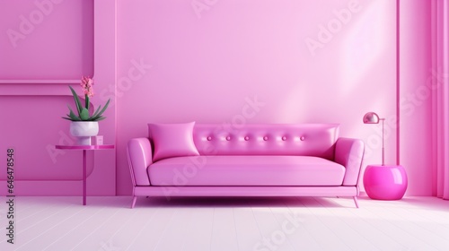 Stylish minimalist monochrome interior of modern cozy living room in pastel pink and purple tones. Trendy couch  floor lamp  coffee table  decorative plant. Creative home design. Mockup  3D rendering.