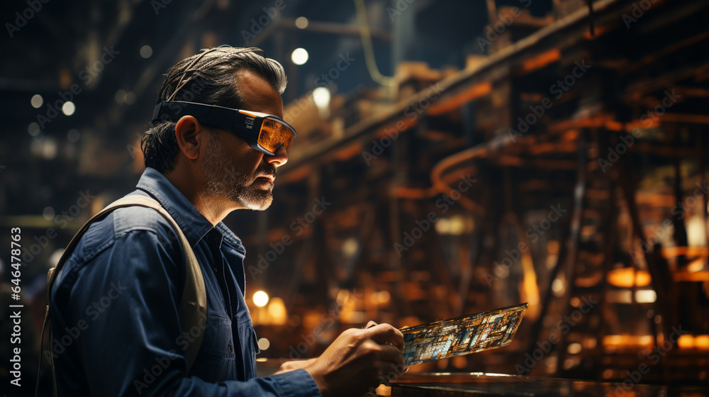 Businessman wearing virtual reality goggles.