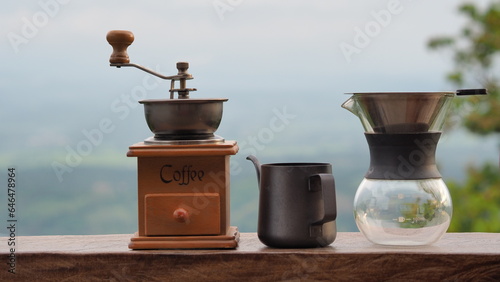 Vintage coffee grinding set for drinking fresh coffee.