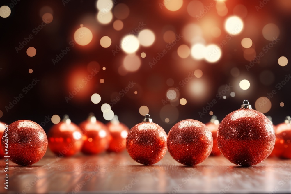 Photo of a festive display of red Christmas ornaments on a tabletop created with Generative AI technology Photo of a festive display of red Christmas ornaments on a tabletop created with Generative AI technology