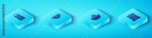 Set Isometric Grater, Kitchen colander, Slow cooker and Citrus fruit juicer icon. Vector