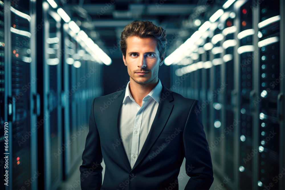 Attractive Business Man In A Bright Server Room. Ai Generated
