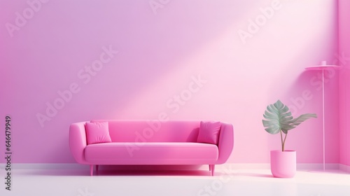 Stylish minimalist monochrome interior of modern cozy living room in pastel pink and purple tones. Trendy couch  floor lamp  plant in a vase. Creative home design. Mockup  3D rendering.