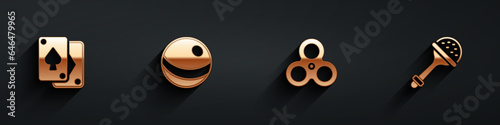 Set Playing cards, Beach ball, Fidget spinner and Rattle baby toy icon with long shadow. Vector