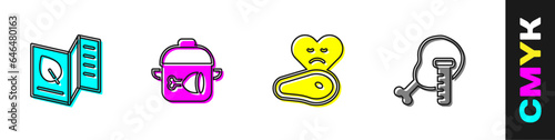 Set Vegetarian food menu, Cooking pot and chicken leg, Steak meat and Genetically modified icon. Vector