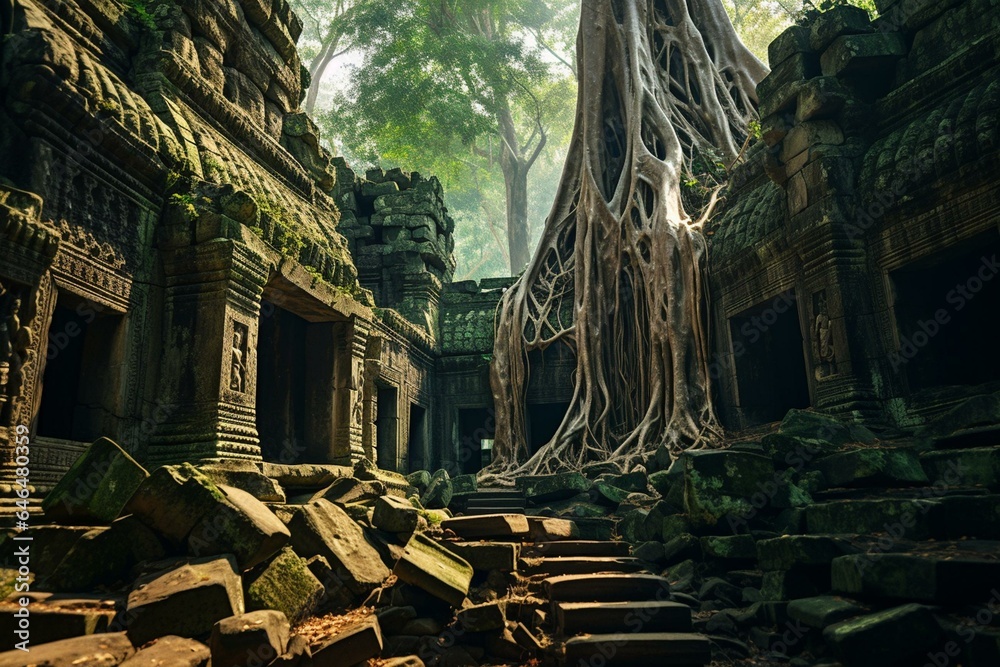 Fototapeta premium Enormous tree roots enveloping ancient Ta Prohm temple ruins in Angkor Wat, Siem Reap, Cambodia. Generative AI