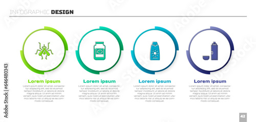 Set Mosquito, Jam jar, Sunscreen cream in tube and Thermos container. Business infographic template. Vector