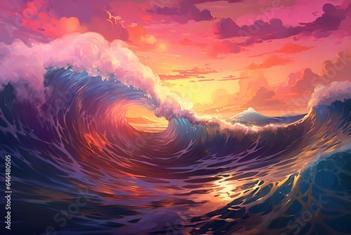 An artwork depicting a vibrant wave with pink and blue tones in a pink sky background, creating a mesmerizing scene. Generative AI