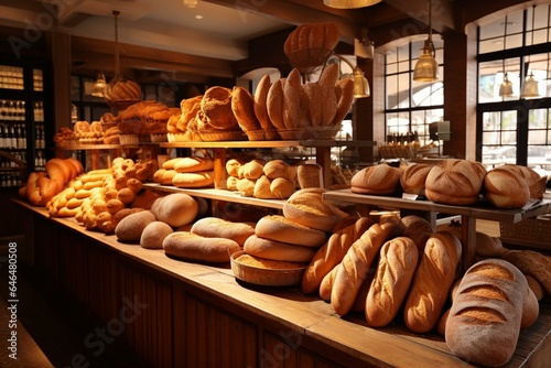 Enchanting display of various hearty breads in a quaint ambiance. Generative AI