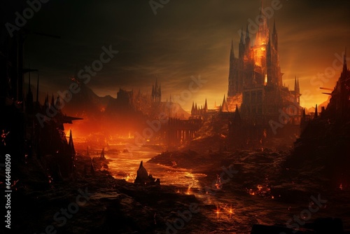 Dystopian city engulfed in flames, charred remains, illuminated in white, yellow, and red lights, ruined castles, eerie structures, Halloween nightmare fantasy. Generative AI