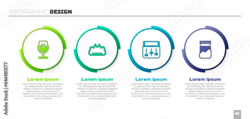 Set Wine glass, Brass knuckles, Drum machine music and Plastic bag of drug. Business infographic template. Vector