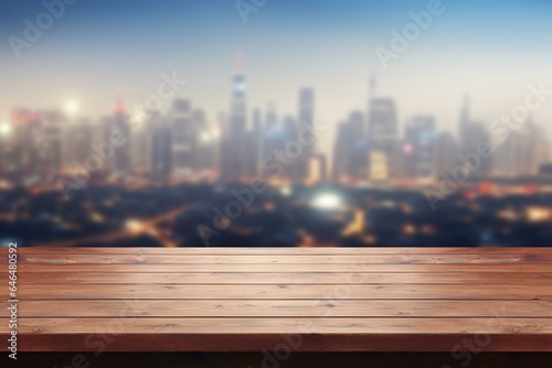 Empty table with blurred cityscape as background. Perfect for displaying products. Generative AI