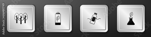 Set Tree, Eco nature leaf battery, The problem of pollution and Plant breeding icon. Silver square button. Vector