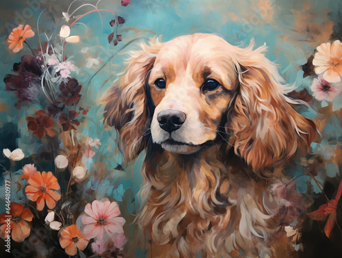 A dog with floral in watercolor oil and acrylic style