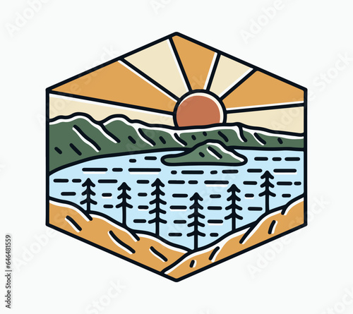 Crater Lake National Park Oregon in mono line design for badge t shirt sticker illustration