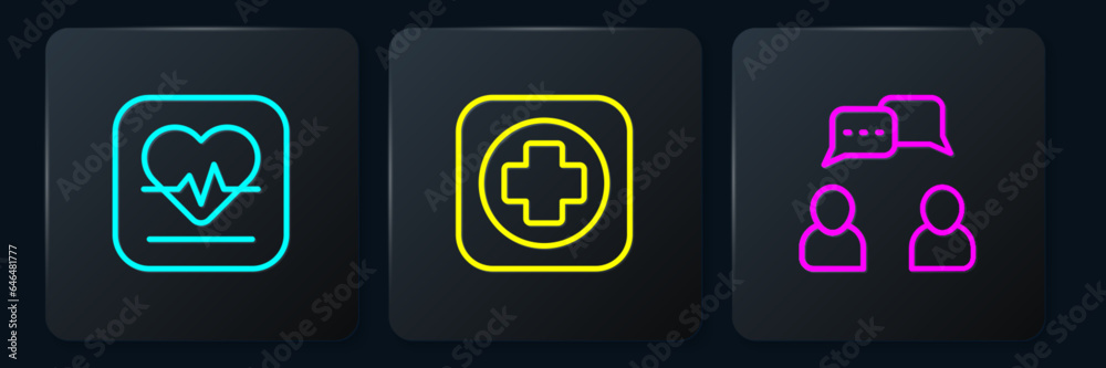 Set line Heart rate, Speech bubble chat and Hospital signboard. Black square button. Vector Set line Heart rate, Speech bubble chat and Hospital signboard. Black square button. Vector
