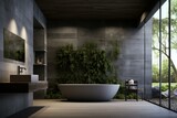 Contemporary bathroom with concrete and living wall. Minimalist and brutalist design. Generative AI