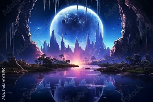 Futuristic night landscape with abstract island, moonlight, radiance, moon, neon. Dark scene with light reflection in water. Space galaxy portal. Generative AI