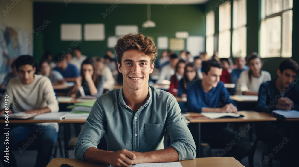 young man in a university high school with blurred group of students studying in the classroom, education and learning concept, Generative AI young man in a university high school with blurred group of students studying in the classroom, education and learning concept, Generative AI