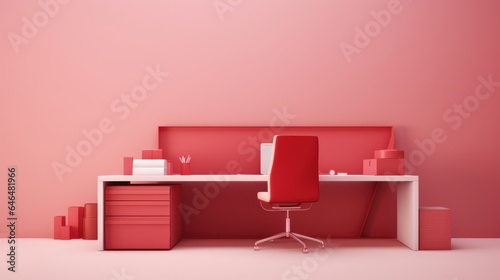 Stylish minimalist monochrome interior of modern office room in pastel carmine red and pink tones. Large desktop, computer, office tools, chair. Creative design. Mockup, 3D rendering. © Georgii