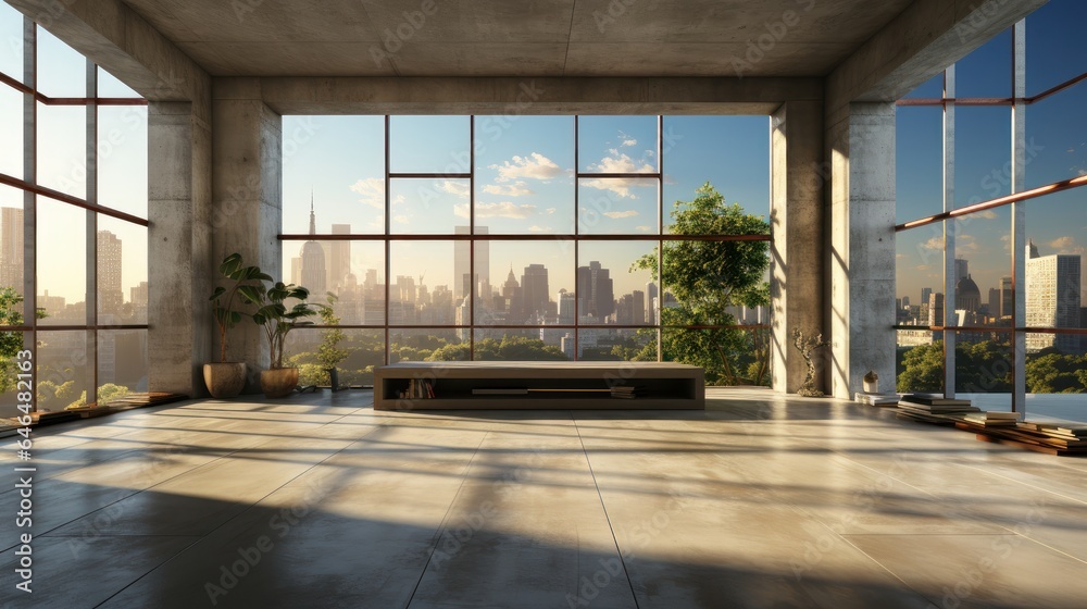 Interior of empty open space room in modern urban building for office or loft studio. Concrete walls and floor, houseplants, home decor. Floor-to-ceiling windows with city view. Mockup, 3D rendering. Interior of empty open space room in modern urban building for office or loft studio. Concrete walls and floor, houseplants, home decor. Floor-to-ceiling windows with city view. Mockup, 3D rendering.