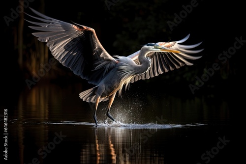 heron taking off from the waters edge - isolated on black background - elegant crane - asian wildlife - generative ai