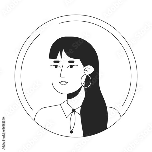 Brunette asian woman black white cartoon avatar icon. Long hair. Pretty face. Editable 2D character user portrait, linear flat illustration. Vector face profile. Outline person head and shoulders