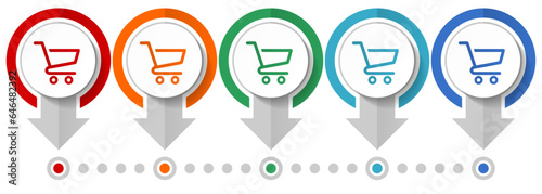 Shopping cart vector icon set, flat design infographic template, set pointer concept icons in 5 color options for webdesign and mobile applications
