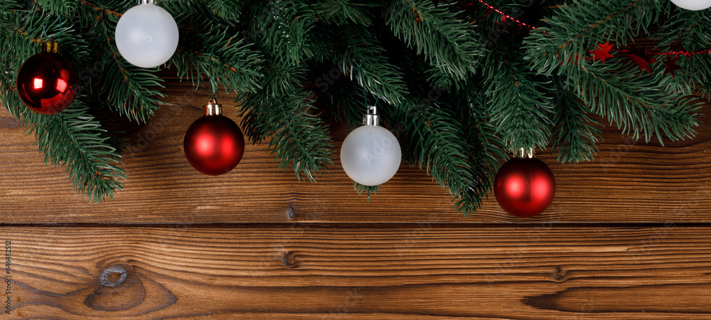 Christmas card with fir and baubles Christmas card with fir and baubles